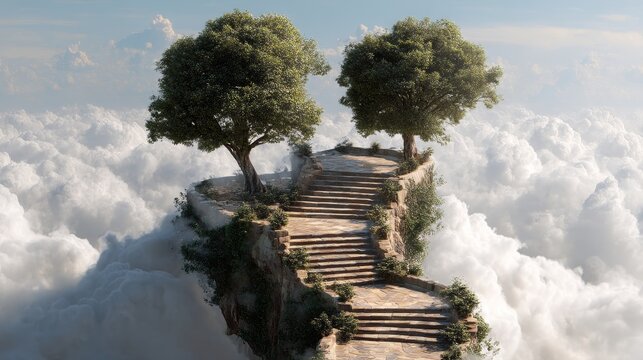 Stone Stairway Leading to Two Trees on a Cloud Island