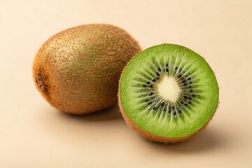 Fototapeta premium Fresh Whole Kiwi Fruit With Fuzzy Skin And Sliced Half On White Background
