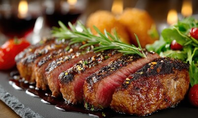 Sliced steak with rosemary garnish served with salad and fried balls.