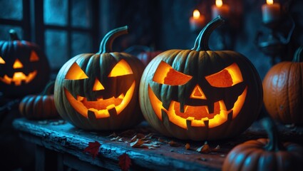 Two frighteningly carved pumpkins