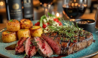 Sliced steak with potatoes and salad on a plate with wine in background.
