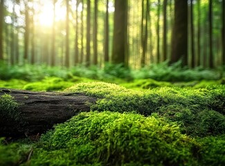Fototapeta premium Lush green moss covering a fallen log in a sun-dappled forest.