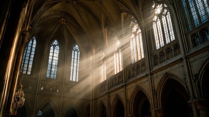 Sunbeams Illuminating Gothic Cathedral Interior