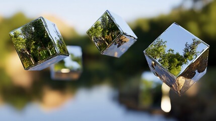 Multiverse visualized as floating mirrored cubes each reflecting a unique history law of physics and human civilization featuring alternate timelines