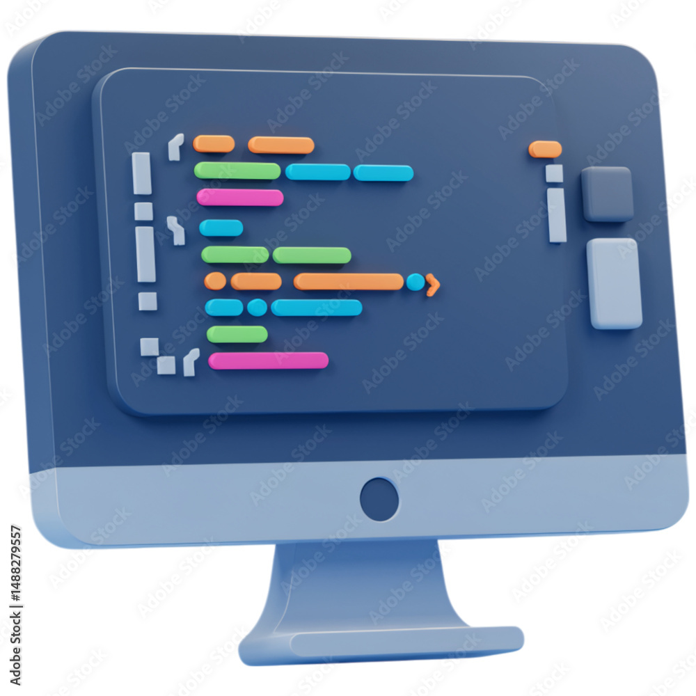 Poster stylized computer screen displaying colorful code isolated on a transparent background