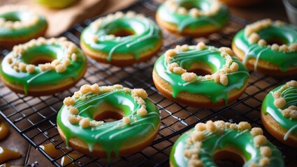 Homemade caramel apple donuts drizzled with glaze resting on a wire rack