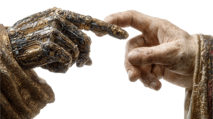 Hand of Creation: A symbolic representation of connection and creation, featuring two hands, one human, and the other with a weathered appearance, almost resembling a statue.