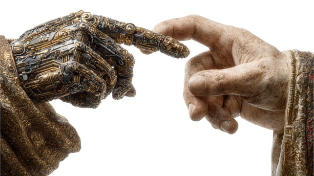 Hand of Creation: A symbolic representation of connection and creation, featuring two hands, one human, and the other with a weathered appearance, almost resembling a statue.