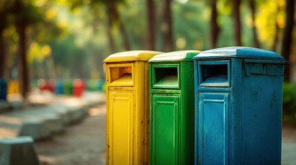 Three colorful trash cans stand in a park setting with trees in background.