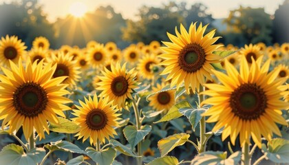 Obraz premium Golden hour in the sunflower field, a breathtaking landscape of vibrant blooms sunlit