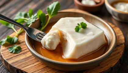 Silky lao pi tender tofu, delicately textured, served with fork and spoon on rustic wooden board, eat, side view