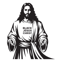 Black Jesus Christ with flowing hair and beard, Vector black silhouette. with white background