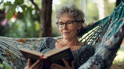 A woman in her 60s reading a book in a hammock