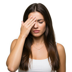 Woman covering her face with her hand on transparent background