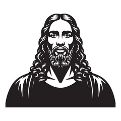 Black Jesus Christ with flowing hair and beard, Vector black silhouette. with white background