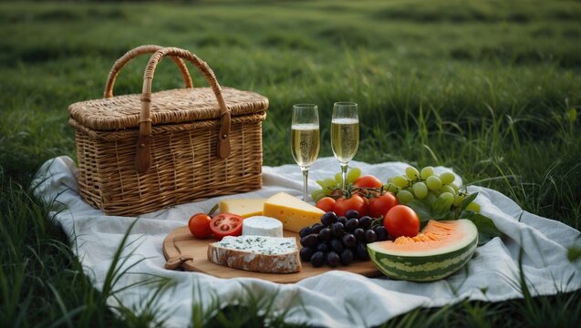 Lovely picnic on a vibrant meadow accompanied by fresh fruits, cheese, and cold champagne.