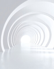 Fototapeta premium A minimalist white tunnel with smooth arches, leading toward a bright light at the end, creating a serene and futuristic atmosphere