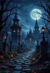 Spooky Halloween night scene in a cemetery. A cobblestone path winds through the graveyard, lined with tombstones and glowing jack-o'-lanterns.