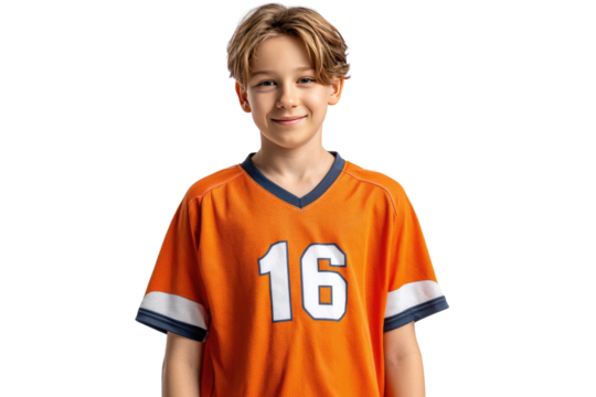 Smiling Boy in Sport Jersey: A cheerful young boy poses confidently, clad in a vibrant orange sport jersey, radiating warmth, happiness, and youthful energy.