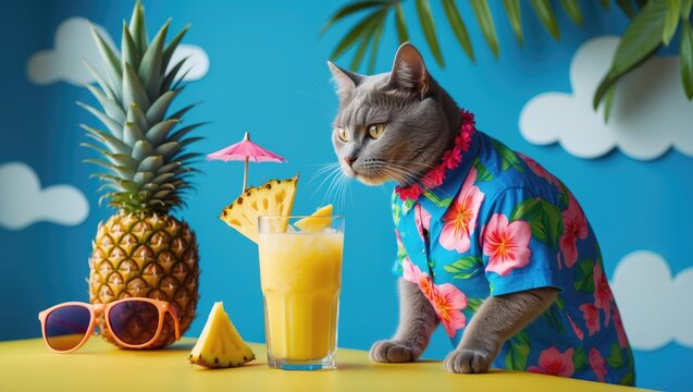 A kitty on a holiday sporting a Hawaiian shirt with pineapples, enjoying a cocktail through a straw while wearing sunglasses on the beach with malma. A representation of leisure, relaxation, and
