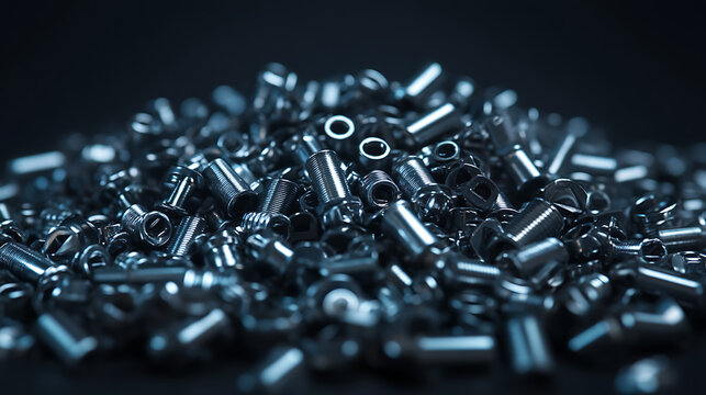 A collection of bolts, nuts, nails, and various metal fasteners, categorized as consumable hardware tools, featuring an assortment of steel screws in a detailed close-up background