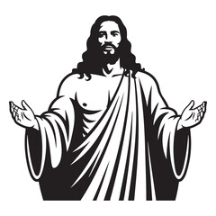 Black Jesus Christ with flowing hair and beard, Vector black silhouette. with white background