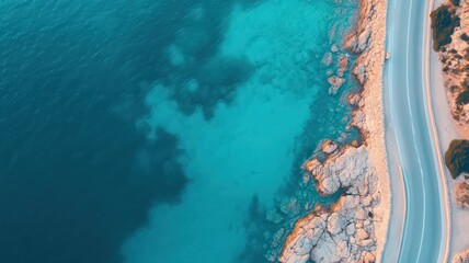 Aerial View of Winding Coastal Road and Turquoise Ocean