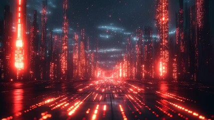 Futuristic data driven city with glowing skyscrapers and charts - Powered by Adobe