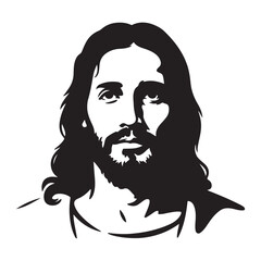 Black Jesus Christ with flowing hair and beard, Vector black silhouette. with white background