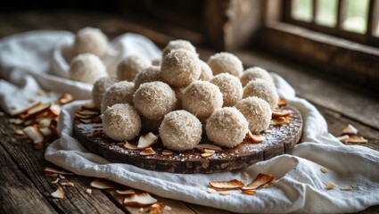 Homemade coconut balls on a wooden table