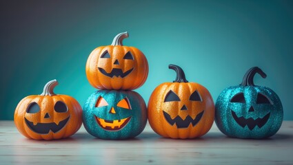 Modern Halloween Banner with Glitter Pumpkin, Jack o Lantern Faces, and Autumn Decor