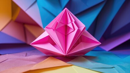 Image of a pink triangular polygon with a gradient-colored geometric background in origami style.