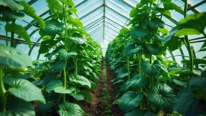 Growing cucumbers, close-up view of green vegetables from above in a greenhouse, plants in a glasshouse, wallpaper, poster, banner.