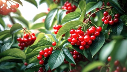 Obraz premium Morello cherries associated with sweet cherries, featuring darker skin and a bitter, sour flavor, primarily utilized in cooking, pies, jams, and tarts.