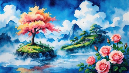 Stunning, vibrant watercolor depiction with writing space on a paper backdrop. A stream flows in the blue sky, peach trees on a misty isle, and fluffy white clouds hover over a thriving rose garden.