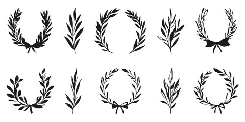 Laurel Wreath And Leaf Silhouettes Set. Elegant Nature-Inspired Decorative Elements For Design Projects. Isolated Vector Illustration Collection