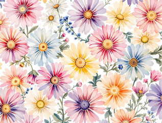 Fototapeta premium Airy floral illustration with scattered blooming flowers