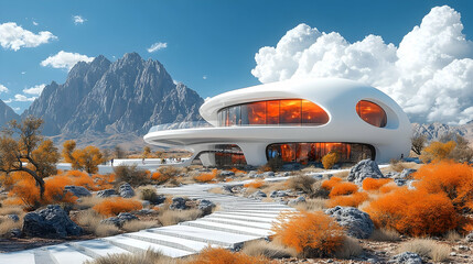Futuristic round house blends with arid landscape under fluffy clouds and blue sky