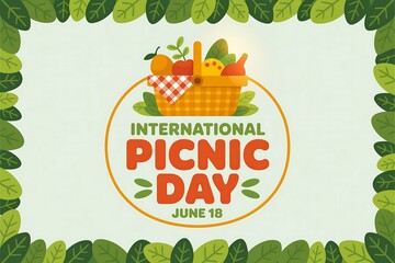 International picnic day illustration with basket of food and leaf border design
