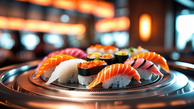 Conveyor belt sushi in a restaurant.