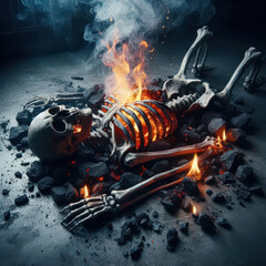 Skeleton lies on dark ground surrounded by glowing embers and flames during a mysterious ritual at night