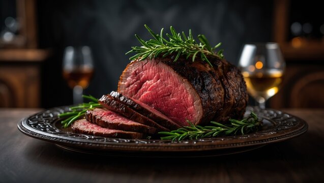 Stylishly illuminated roast beef slices with rosemary garnish displayed on a dark background, offering ample room for text.