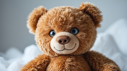 Obraz premium Studio portrait of a cute teddy bear with a joyful expression, children's toy image on a white background.