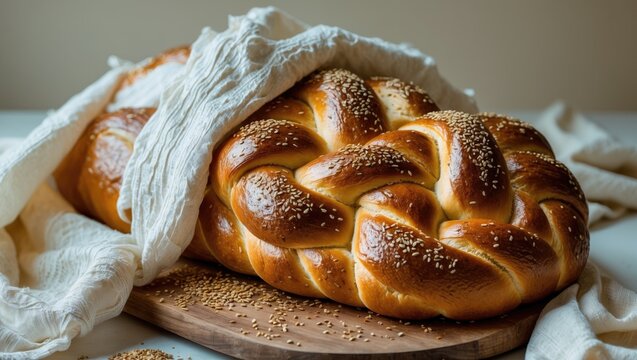 Homemade Challah with a white crust - unique bread. Key ingredients include eggs, white flour, water, sugar, salt, and yeast. Topped with sesame and poppy seeds.