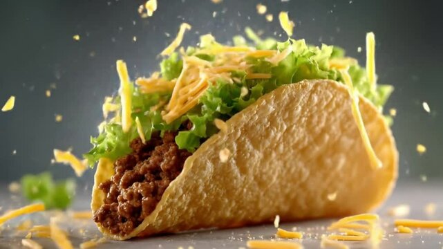 A crunchy taco shell breaking as it’s bitten into, beef, lettuce, and cheese spilling out slightly in slow motion