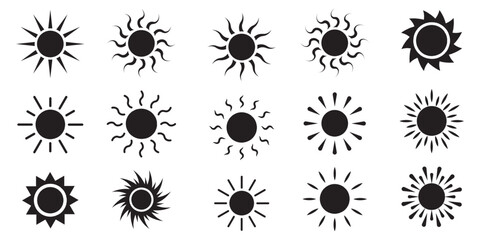 Sun icon set. Brightness flat icon. Solar icon. Decorative circle full. Solar summer icon isolated on white background. Flat design. Vector illustration. 