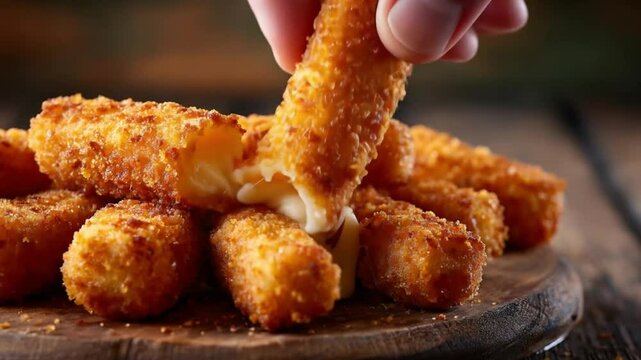 A close-up of mozzarella sticks being pulled apart, strings of cheese stretching slowly and dramatically