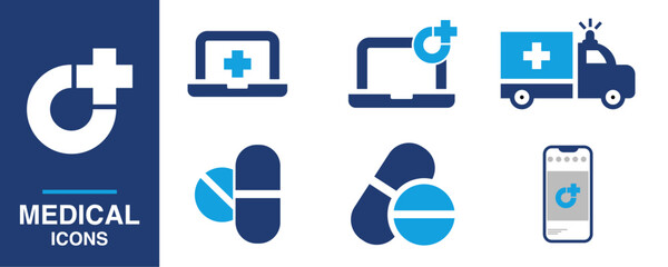 Medical icon. Ambulance, pill, phone sign telemedicine icon set.