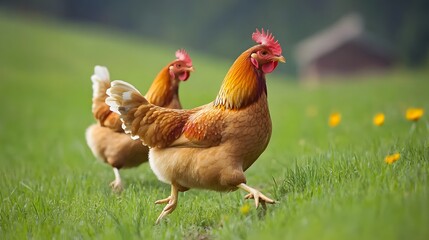 Fototapeta premium Chickens roaming freely in a farm field