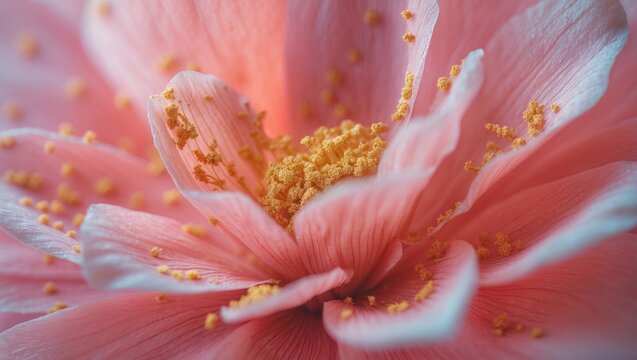 Peach Fuzz Color Abstract Background, Close-Up of Flower with Golden Pollen on Petal Texture, Soft Focus